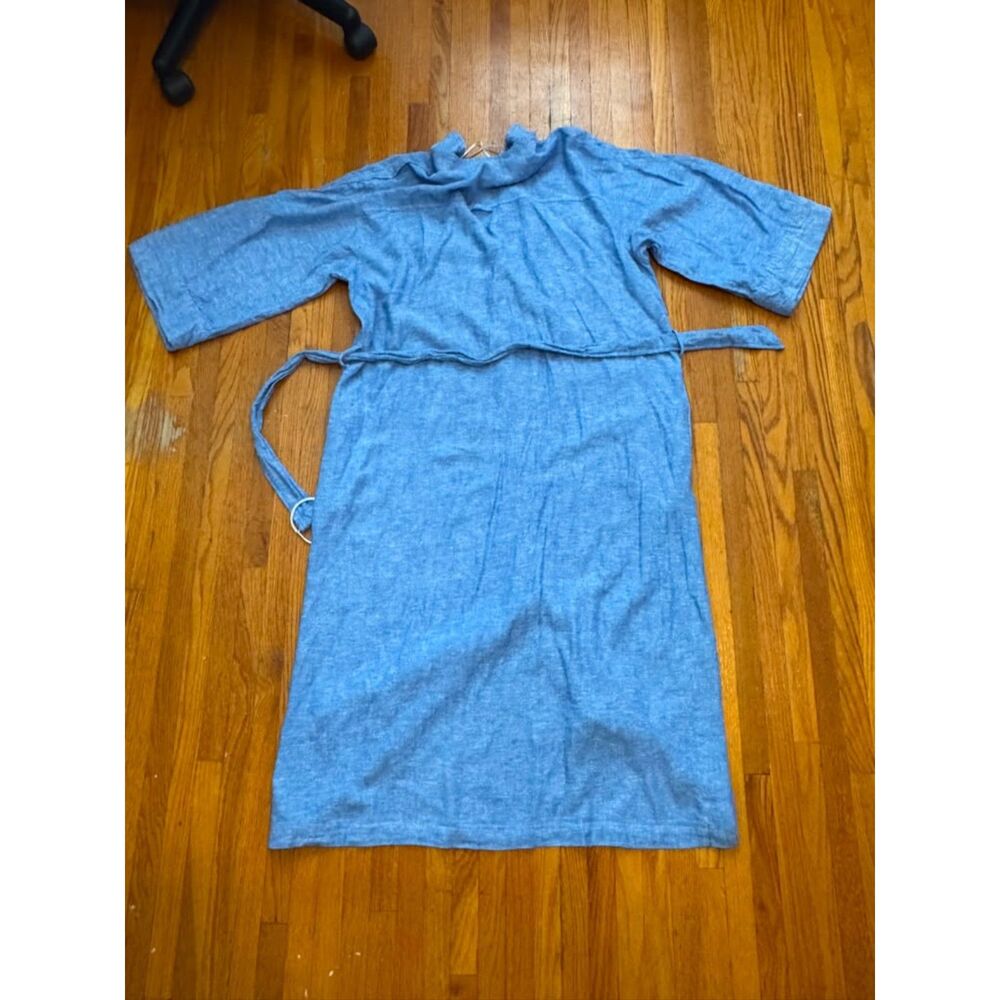 Zara Blue Linen Blend Button Down Belted Shirtdress Midi Length Size L